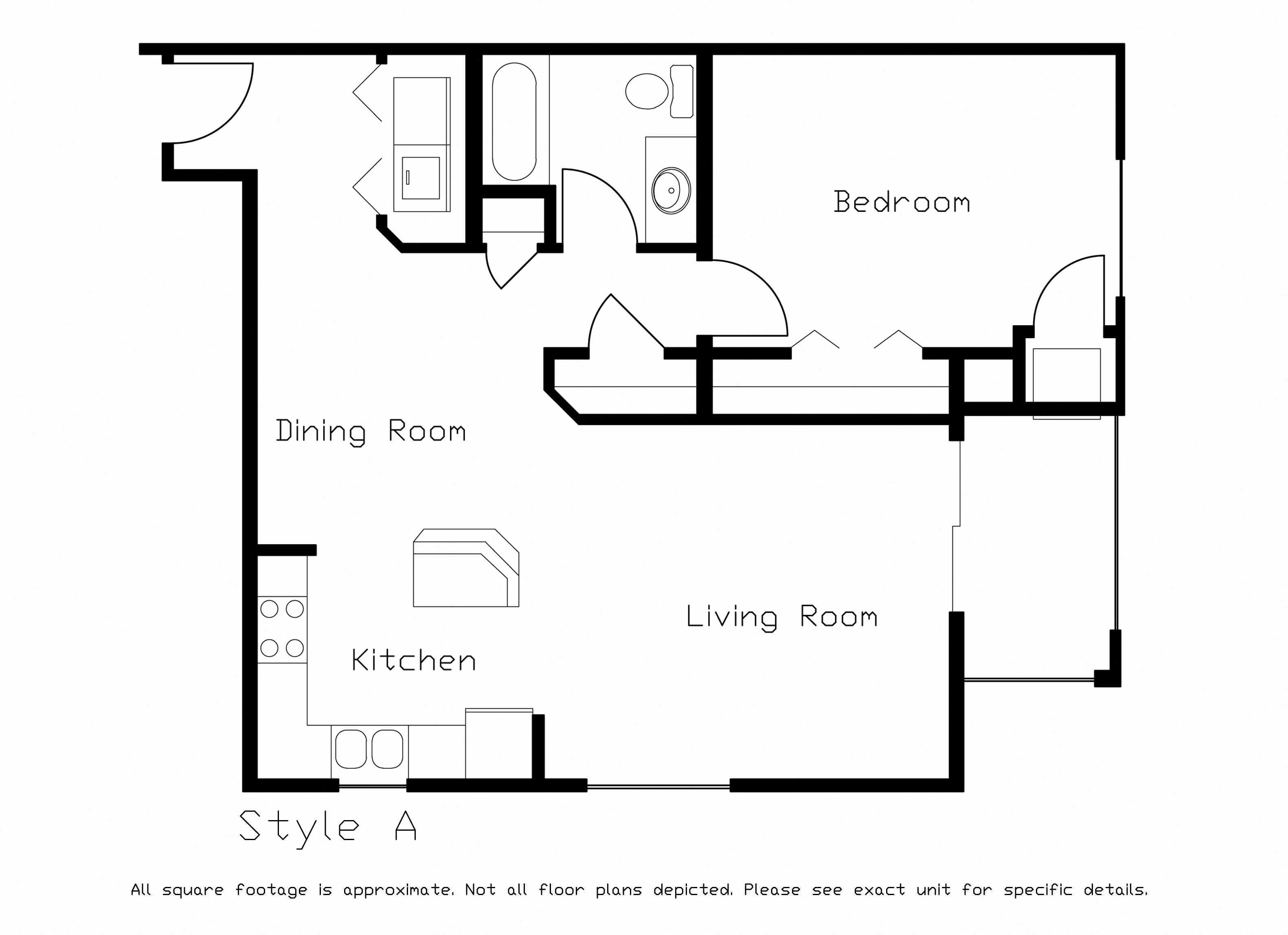 Floor plan for 1 bed, 1 bath, 856 sqft